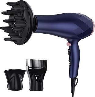Pruie Secador de cabelo profissional Secador de cabelo com 2 velocidades e 3 configurações de calor Secagem rápida Peso leve Baixo ruído Secadores de cabelo com difusor concentrador Pente