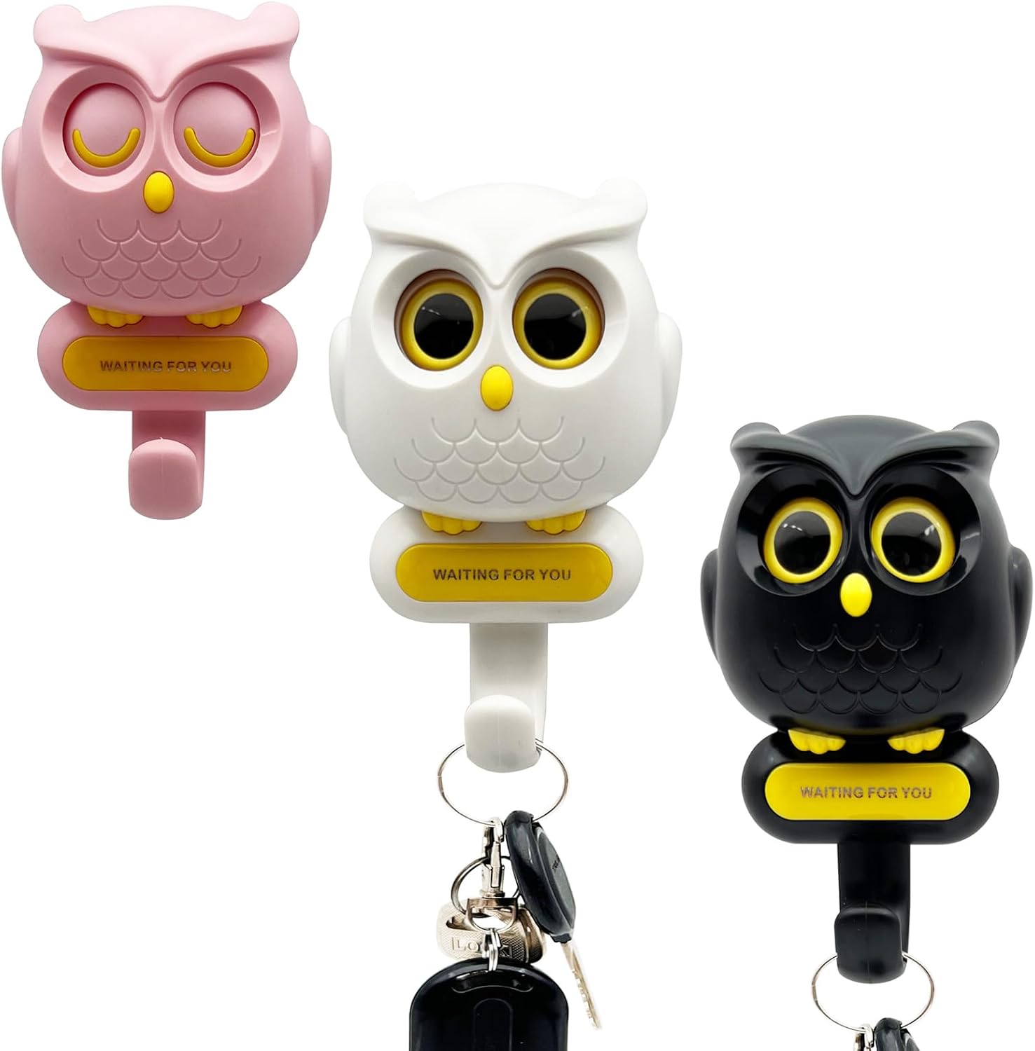 Owl Key Hooks 3PCS Cute Wink Eyes Owl Hooks Self-Adhesive Animal Coat Hook