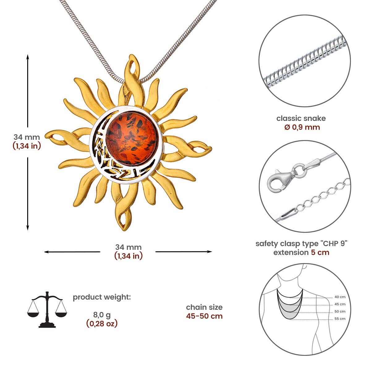 Collana da donna in argento sterling placcato oro 14 k, ambra baltica rotonda, sole celtico e luna ciondolo a catena a serpente, Argento sterling, Ambra