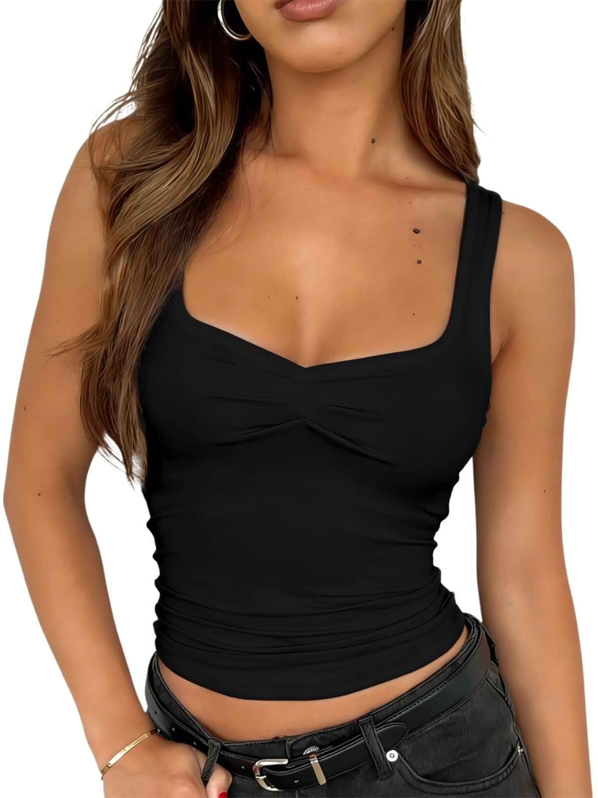 ForeFair Women's Sexy Sleeveless Tank Top Summer Going Out Top Pleated Sweetheart Neck Strap Tight Slim Fit Cute Tops Sleeveless · Slim