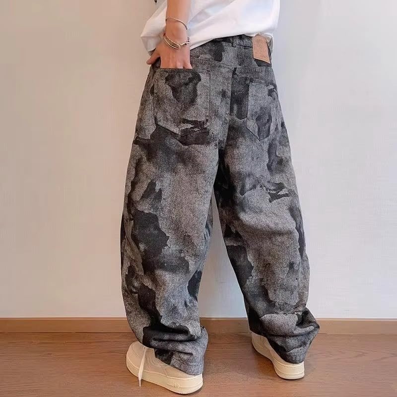 Unisex Y2K Streetwear Black tie dye Printed Pants, Hip-hop Loose Retro Curved Knife Full Print Jeans for Men