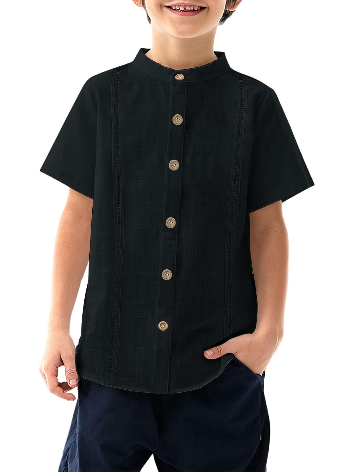Haloumoning Camisa de manga corta para chicos Cuban Guayabera Camiseta Niños Algodón Casual Camisa Lisa Verano Playa Casual Camisa