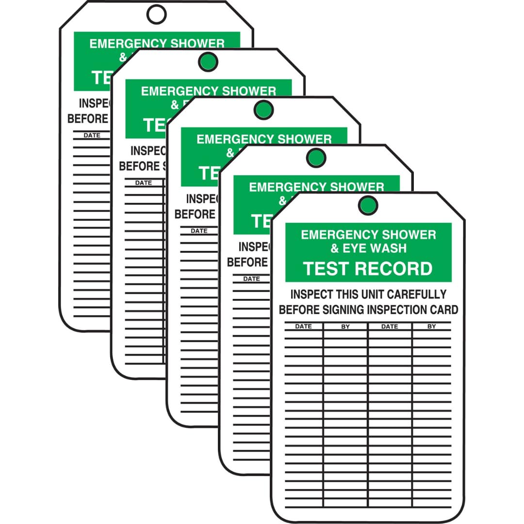 AccuformNMC MGT207CTM PF-Cardstock Inspection & Status Record Tag | Legend "Emergency Shower & Eye", 5.75" Length x 3.25" Width x 0.010" Thickness, Green/Black on White (Pack of 5)