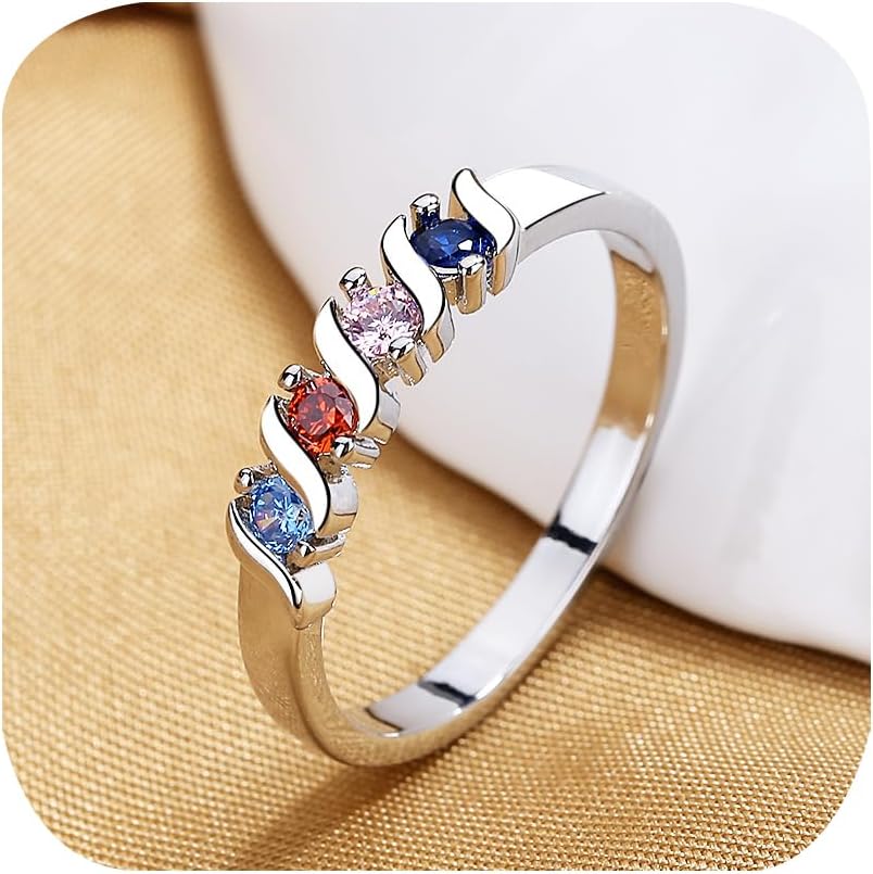 Petite Sterling Silver Colored CZ Stones Stackable Ring Cubic Zirconia Simulated Diamond Bands for Women Eternity Wedding Emerald-Cut Rainbow Art Design Multi Color Gemstone Anniversary Ring Size 7
