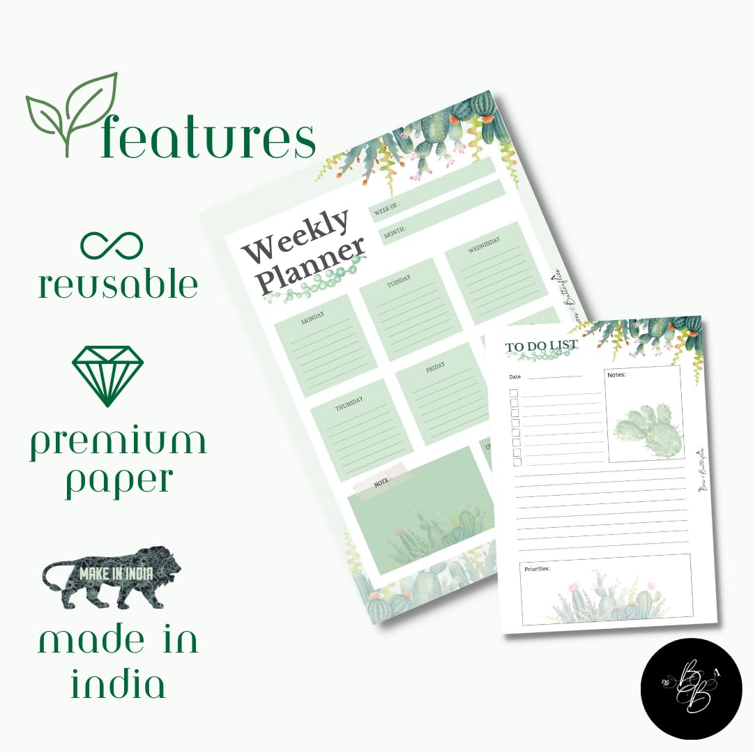 Bees and Butterflies A4 Weekly Planner & A5 To-Do List Combo | 50 Sheets Each | Cactus Design Productivity Set for Office, Work, Study & Home | Elegant Organiser for Scheduling & Daily Task Planning 4