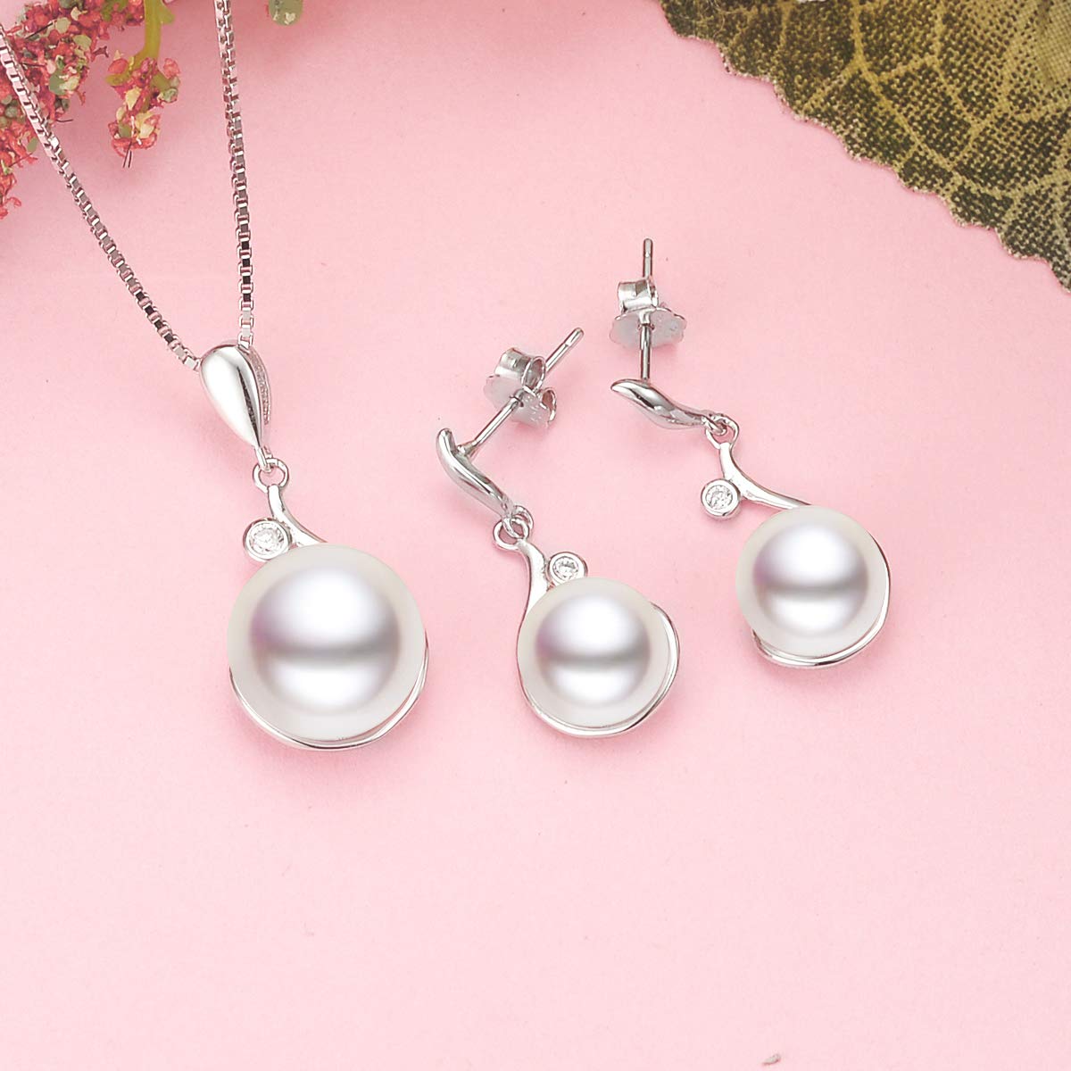 Conjunto de colgante y pendientes de plata de ley 925 CZ AAA con perlas cultivadas en agua dulce, de la marca Ever Faith