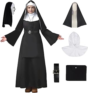 Adult Scary Nun Cosplay Costume 6PCS Women Black Gothic Horrible Monastery Dress Halloween Party Outfit with Mask