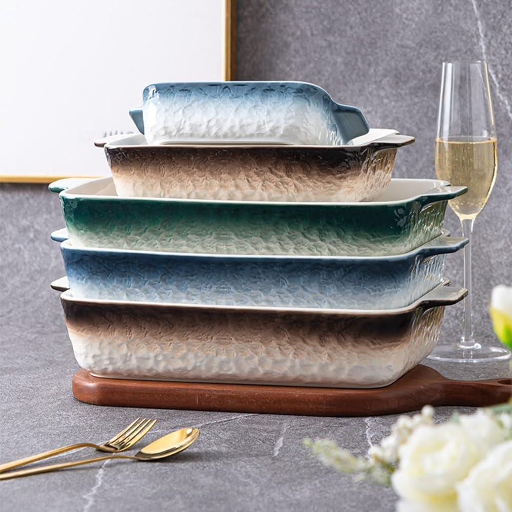 Lasagna Pans Gradient Color Rectangular Ceramic Baking Pan Double Handles Household Tableware Roasting Baked Rice for Baking Cake(Brown,Large)