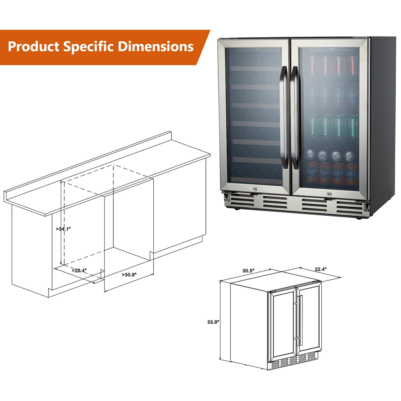 CuisinAid 30” Wine Cooler Refrigerator, 33 Bottles & 96 Cans, Double Doors, Dual Zone Built-in Freestanding Wine Fridge, Double-Layer Tempered Glass Door with Lock, Under Counter Wine Cellar