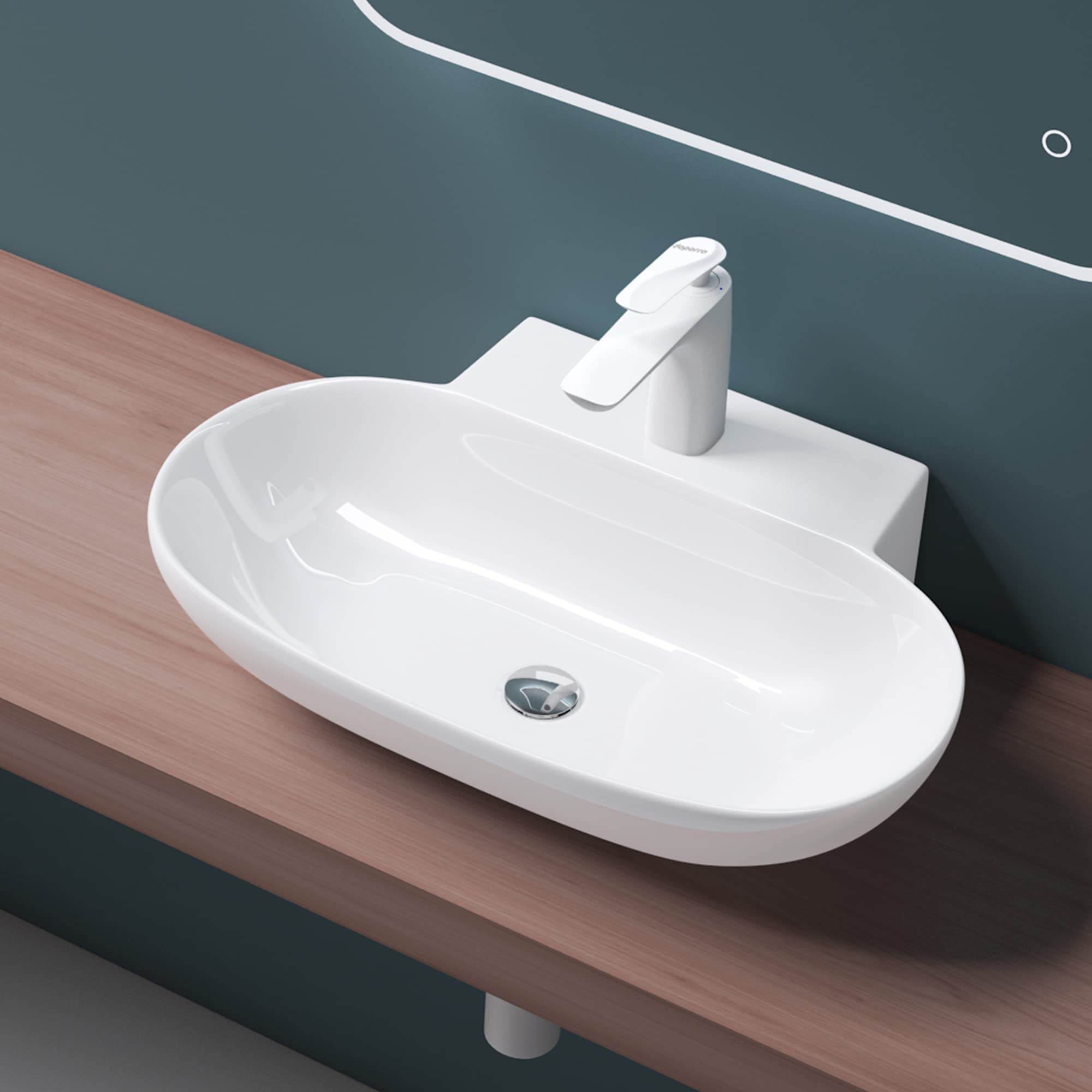 Mai & Mai Lavabo sobre Encimera Lavabo Suspendido Baño Lavabo | Ovalado | Blanco Brillante | Cerámica | 56x39,5x12,5cm | con Orificio para Grifo sin Rebosadero | Brüssel899