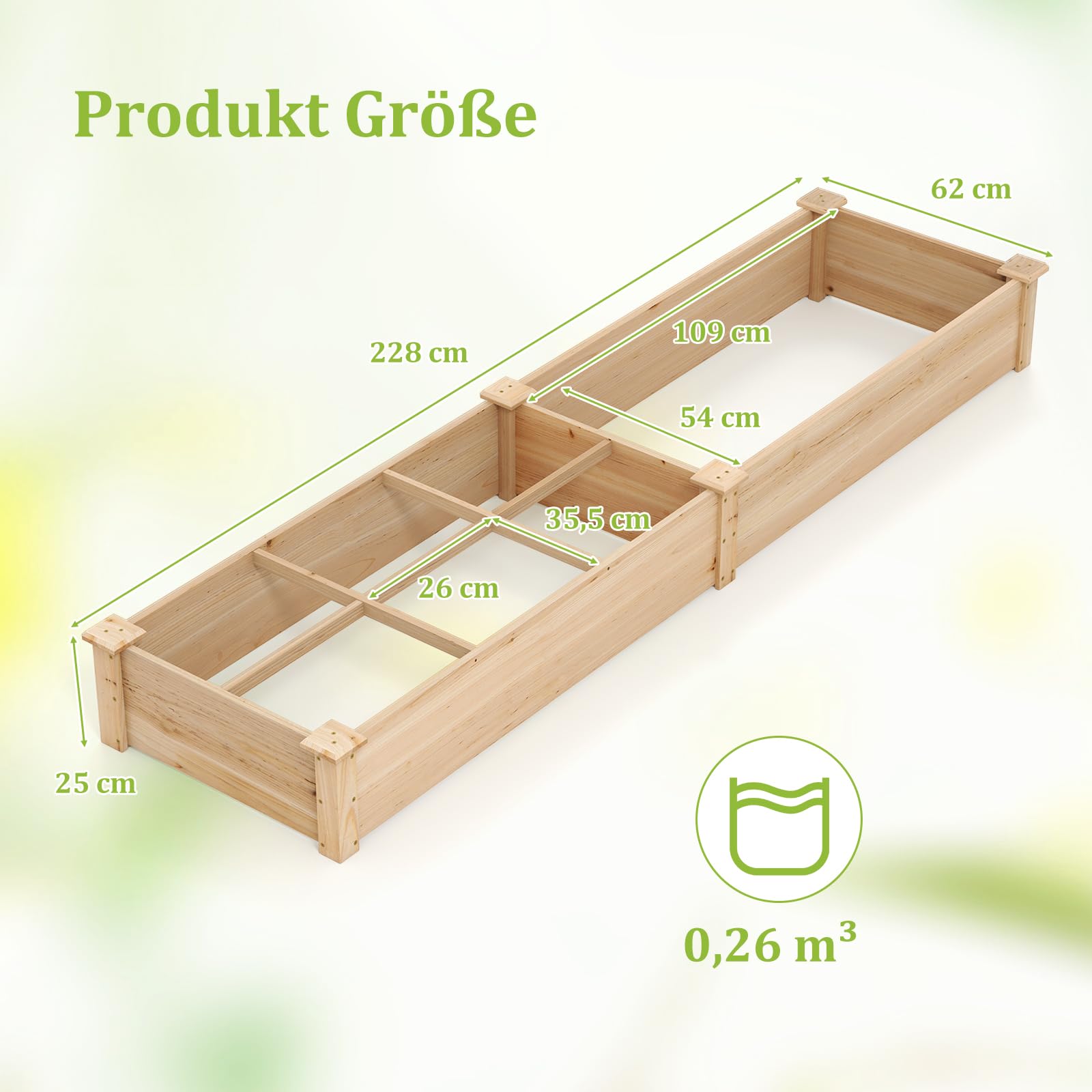 Kit da giardino rialzato Hochbeet aus Tannenholz Gartenbeet mit 2 Pflanzkästen Trennwänden Blumenkasten mit offenem Boden Pflanzbeet Pflanzkasten Pflanzkübel für Blumen Gemüse Obst (228x