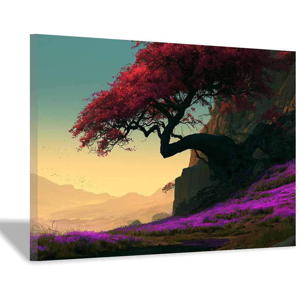 Xeniou Multicolor Tree Wall Art Cliff Red Foliage Tree Canvas Painting Wall Art, Living Room Bedroom Hallway Stairs Decoration.(Multicolor)-50X70cm Framed