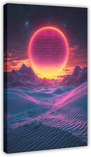 Synthwave Wall Art Print Neon Retro Sunset with Minimal Moon, Perfect for Office Or Studio Decor Poster Canvas Artwork Prints Rustic Farmhouse