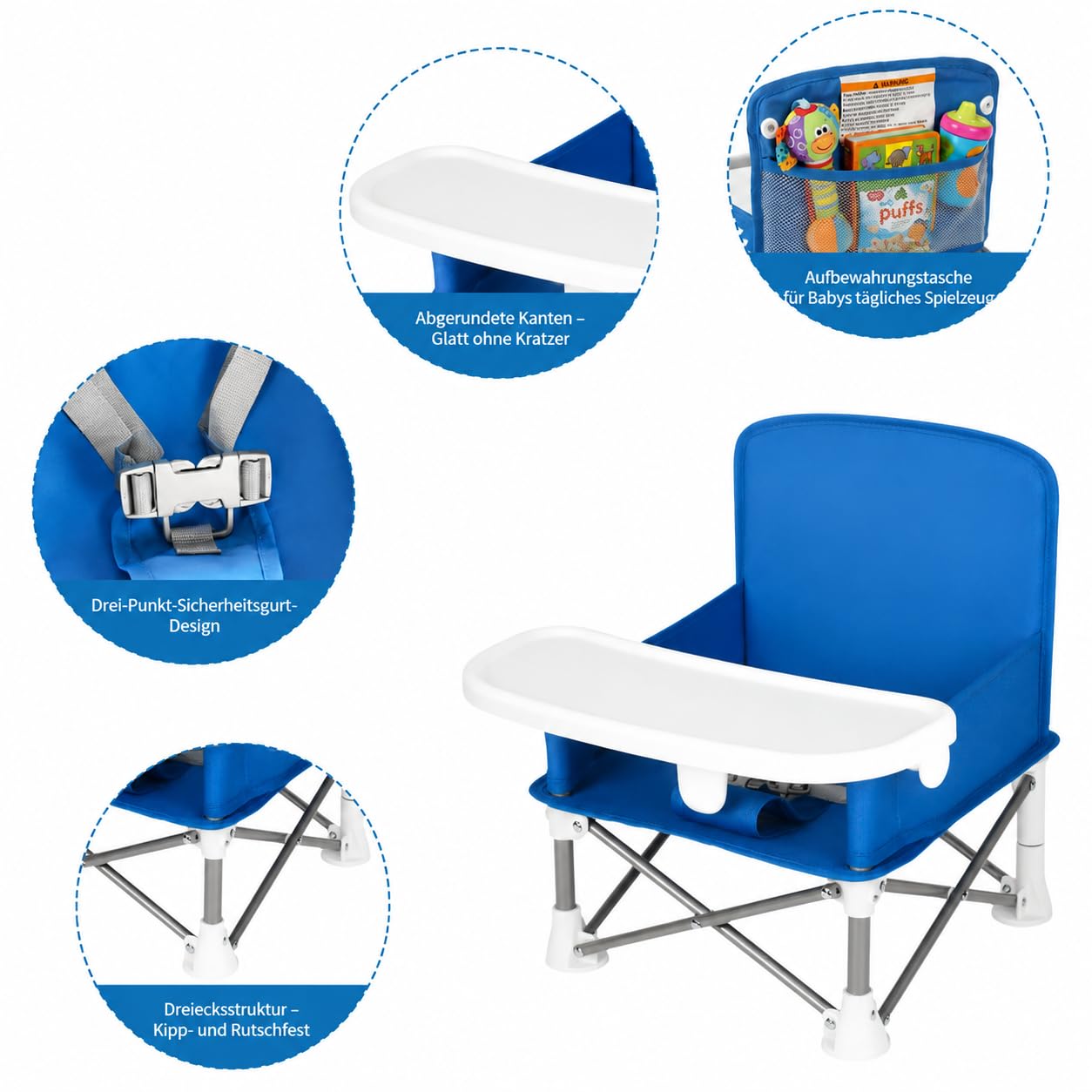 Tragbare Sitzerhöhung mit Futterschale für Babys Booster Stuhl für 6 Monate bis 3 Jahre Kompakter Faltbarer Sitzerhöhung Babystuhl Reisestuhl