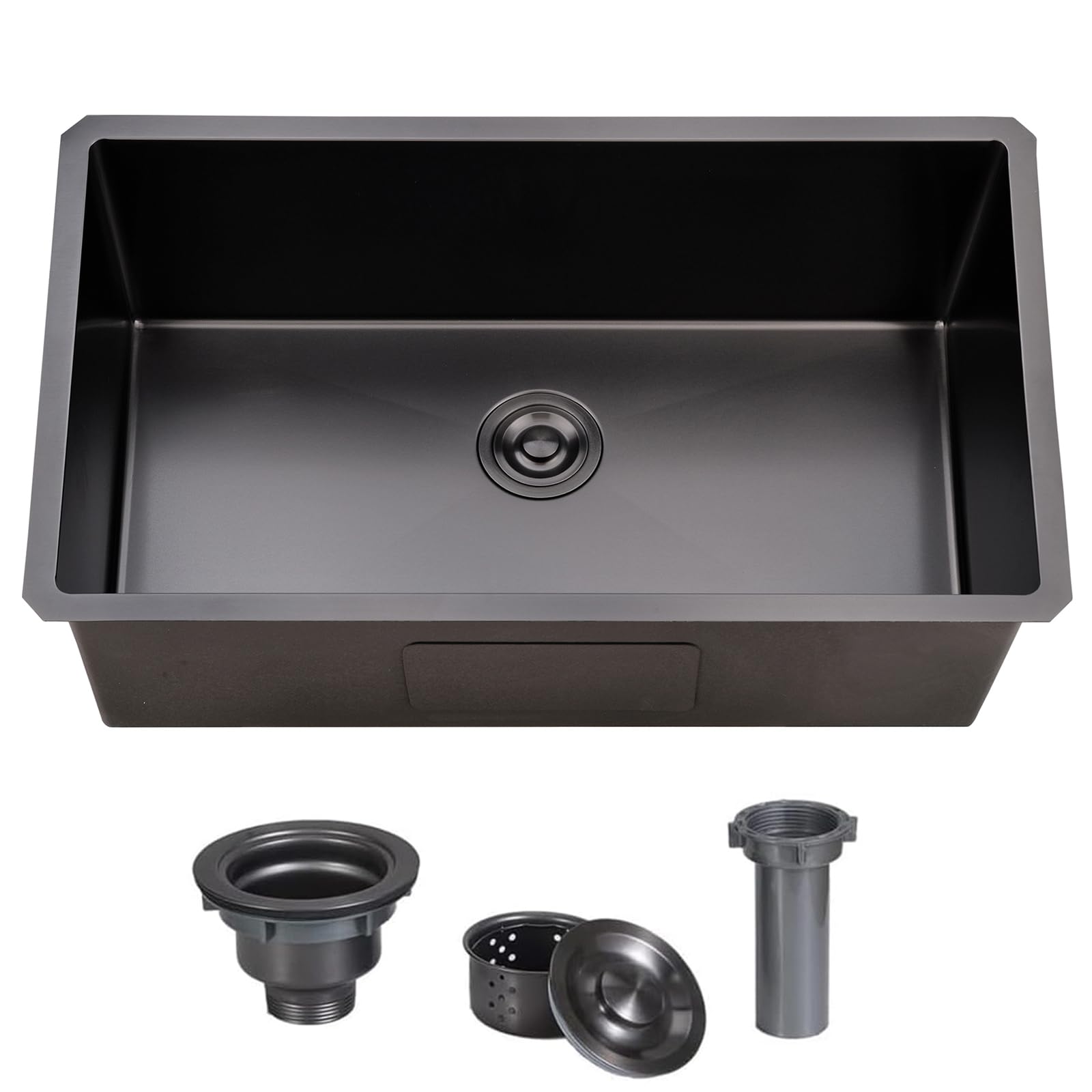 Schwarze Unterbau-Küchenspüle 76,2 Cm Aus Edelstahl – 16 Gauge, Mit Schneidebrett & Zubehör, Einzelbecken
