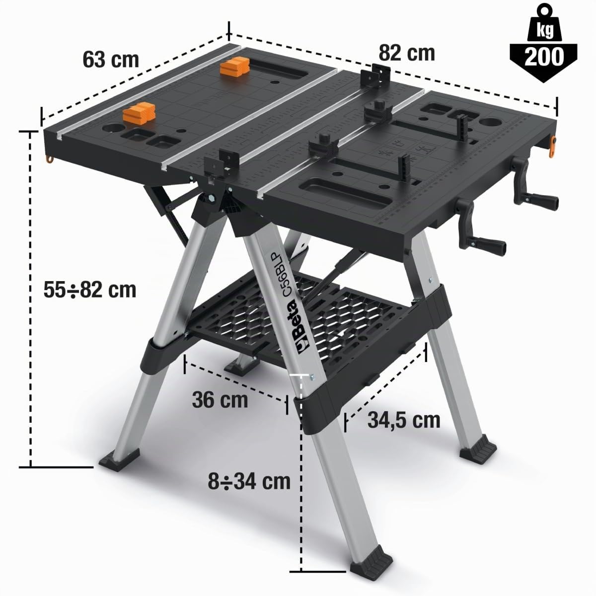 Beta Utensili, Établi Pliable Multifonction, 820x630 mm avec Échelle Graduée et Étagère de Rangement, Atelier Meuble Portable avec Poignée de Transport, Capacité 200 kg, C56BLP
