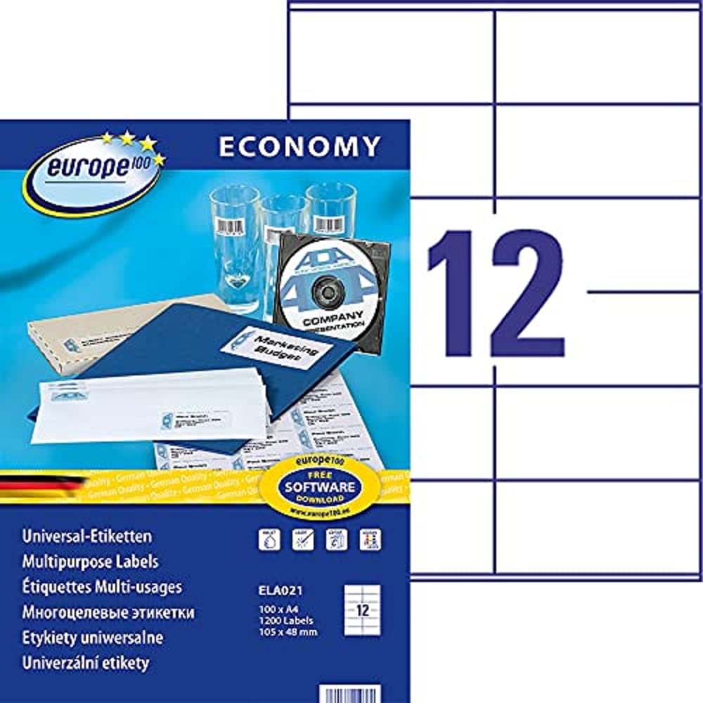 EUROPE 100 1200 Labels, 105x48mm, White, Multi-Purpose, Self-Adhesive Labels