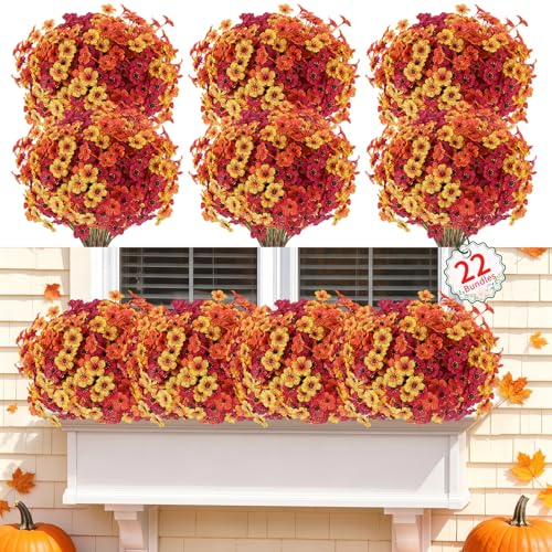 Image of Powbrace 22 Pack Artificial Fall Flowers Mums for Outdoor Indoor(Fall Mix)