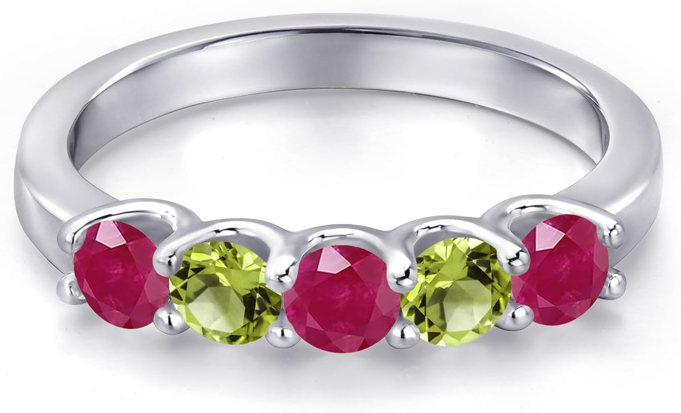 Gem Stone King 925 Sterling Silver Red Ruby and Green Peridot Wedding-Bands Ring For Women | 1.16 Cttw | Round 3.5MM | Gemstone July Birthstone - Image 3
