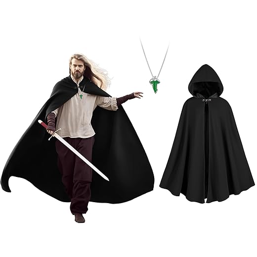 Medieval Cloak Men, Renaissance Costume Cloak with hood and Green Leaf Brooch Necklace for Halloween Cosplay Party.
