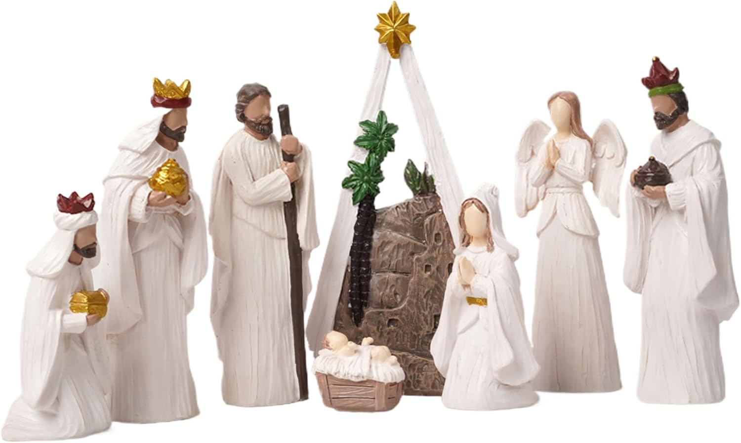 Nativity Set(8Pcs) Modern White Resin Nativity Scene Figurines Ornaments Religious Tabletop Xmas Collectibles for Holiday Decorations