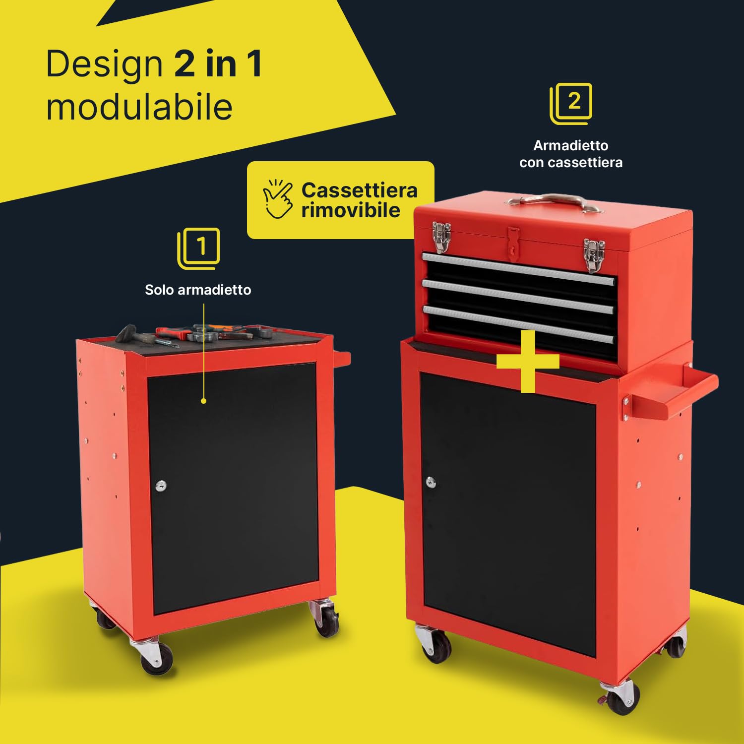 DAIMANN - Carrello Porta Attrezzi Professionale con 3 Cassetti Scorrevoli e Armadietto con Serratura per Garage e Officina, Struttura in Metallo Verniciato Facile da Spostare (Rosso)