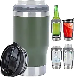 Caneca Porta Latas e Isolador 4 em 1 para Lata Fina e Padrão de 355ml e Long Neck de Cerveja. Copo Térmico de Aço Inoxidável Isolado a Vácuo e Termocooler (Amry Green)