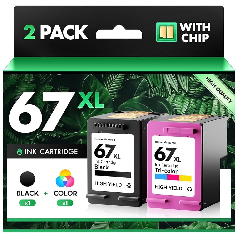 67XL 2827e Ink Cartridges Black/Tri-Color 2-Pack Replacement for HP 67 67XL Ink Works for HP DeskJet 2700 2700e 2755e 2855e 2800e 4100e 4155e 4200e 4155e 4227e 4255e Envy 6000 6055e 6400 6455e Printer