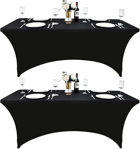 Paquete de 2 Cubiertas de Mesa de Spandex Negro de 6 pies para Mesas Plegables Rectangulares Estándar - Manteles Elásticos Resistentes a las Arrugas