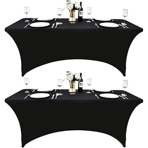 2-Pack 6ft Black Spandex Table Covers for Rectangle Standard Folding Tables - Wrinkle Resistant Stretch Tablecloths - Ultimate Fitted Table Protector for Parties, Trade Shows, Banquet