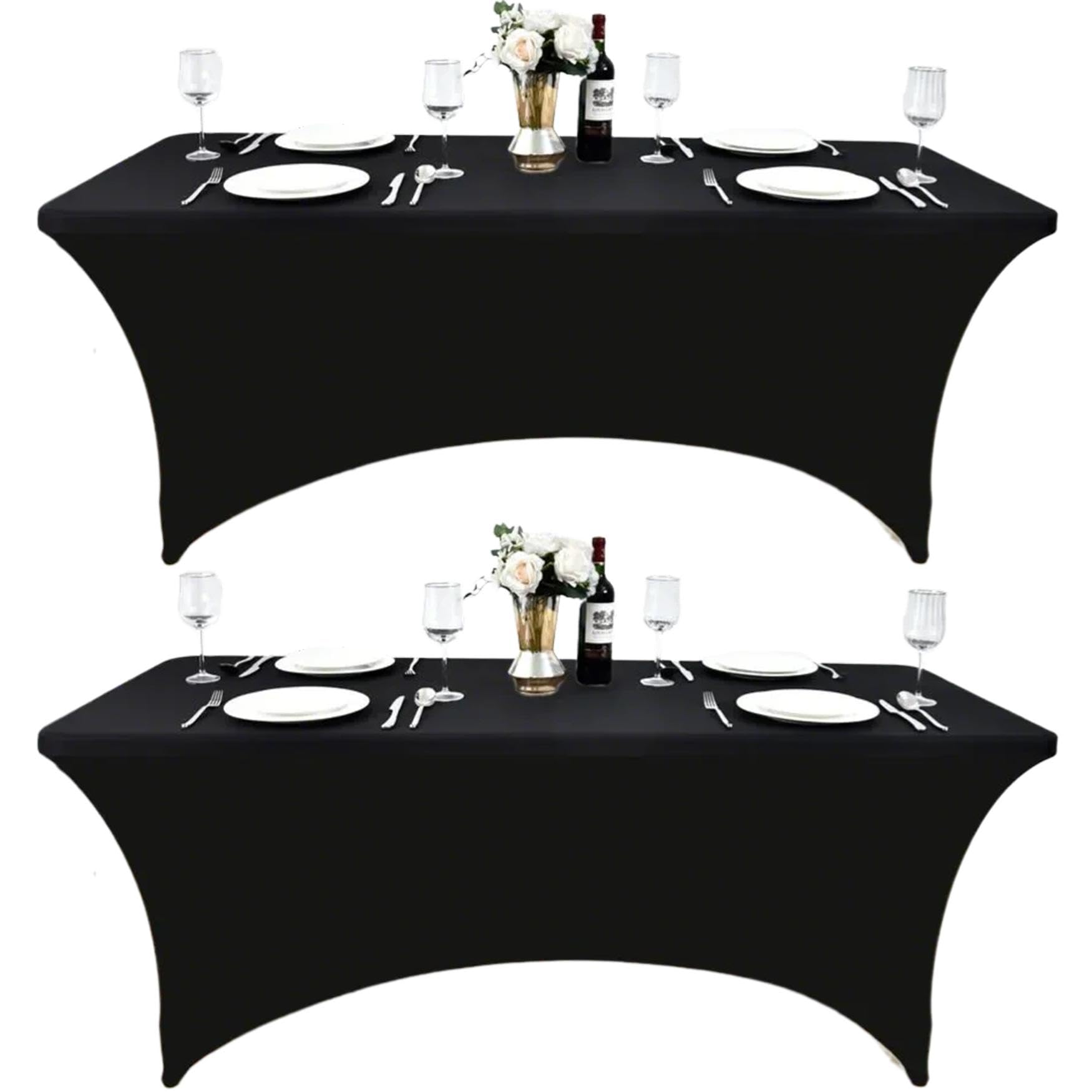 ZarzaaSik 2-Pack 4ft Black Spandex Table Covers for Rectangular Folding Tables - Wrinkle Resistant Stretch Tight Table Cloths - Ultimate Fitted Table