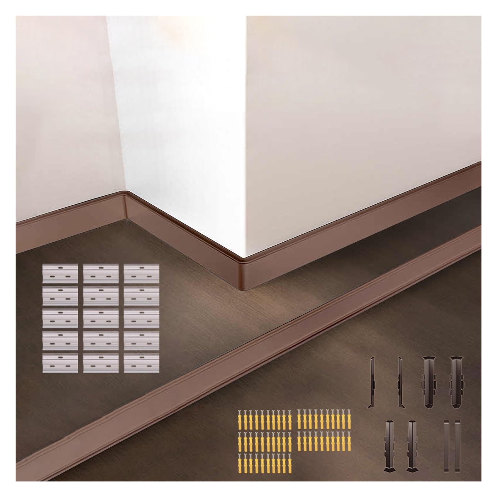 Rodapie 4 piezas de tableros de base para paredes, 1,5/2,4/3,2 pulgadas x 4,1 pies moldura de zócalo de aluminio para baño, cocina, cubiertas de rodapiés de metal - Accesorios completos(Brown 4pcs,H 6