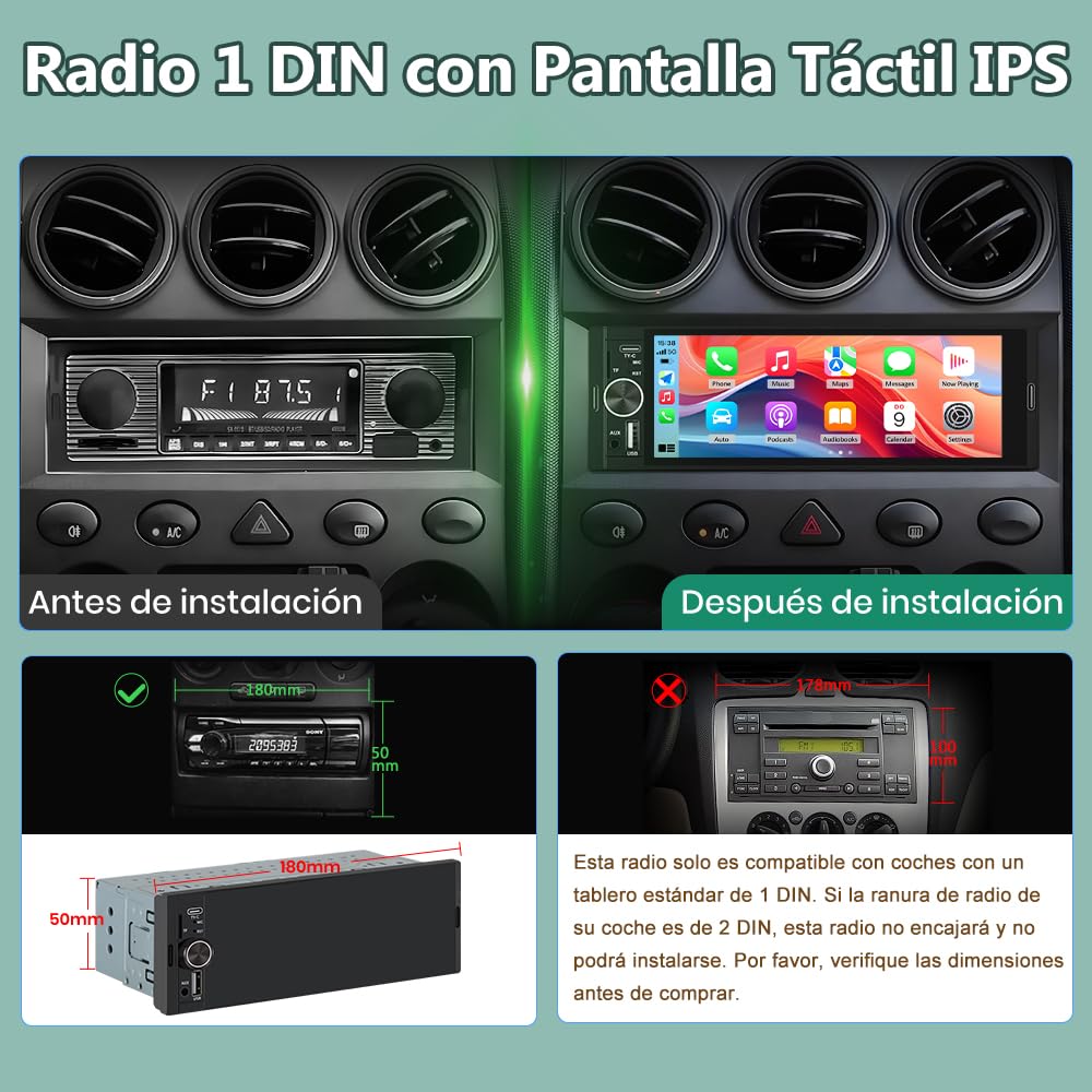 Junsun Radio Coche 1 DIN con CarPlay y Android Auto Inalámbrico, Autoradio con Pantalla Táctil de 6,36" y Cámara Trasera, Admite Bluetooth, FM, USB, TF, DSP y Mandos al Volante