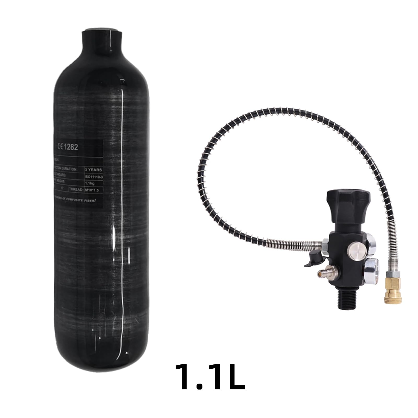 TUXING Réservoir d'air en fibre de carbone 1.1L 4500psi (bouteille vide) Paintball poste de remplissage avec deux manomètres jusqu'à 24 pouces tuyau haute pression M18*1,5