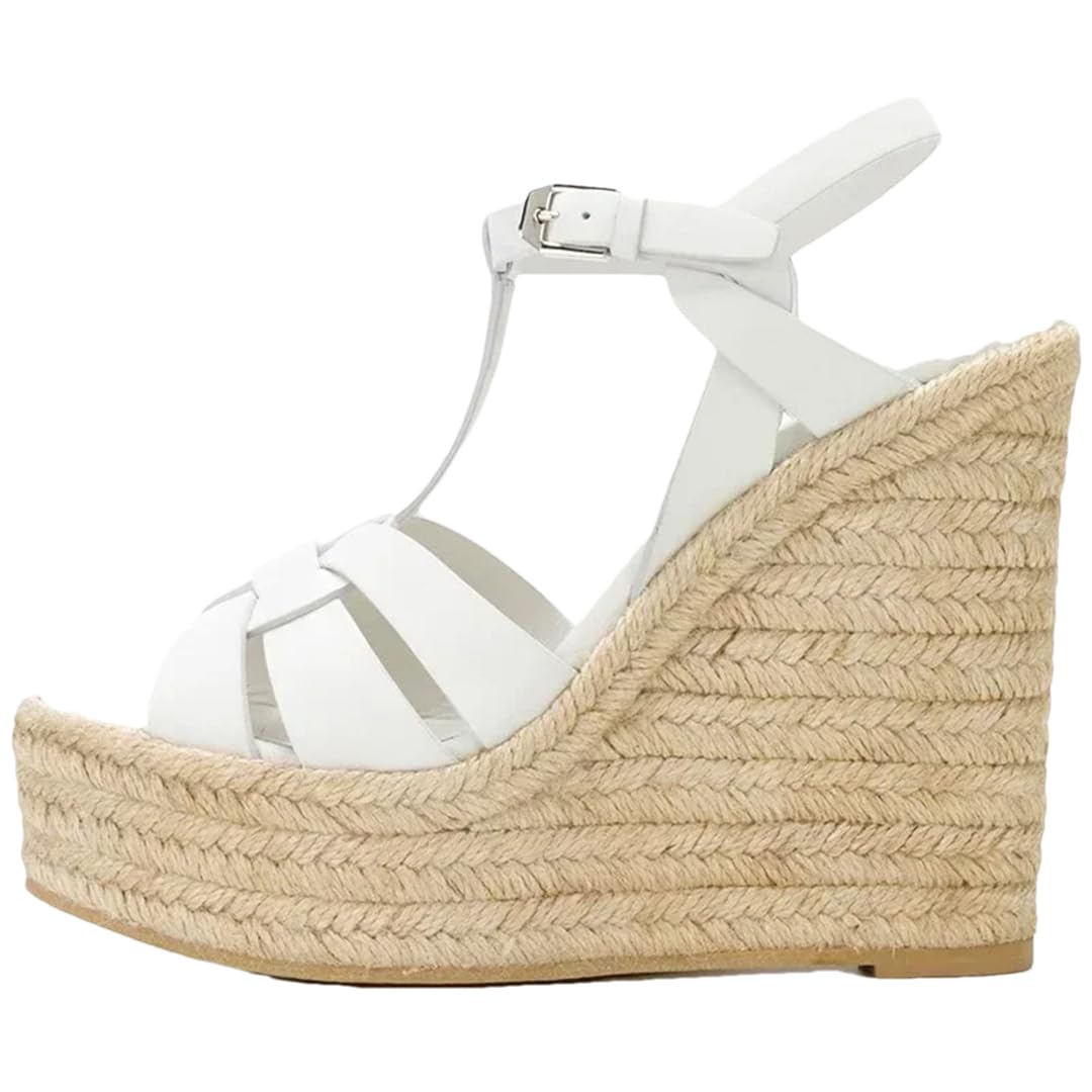 Alpargatas de cuña para mujer, sandalias de cuña de tacón alto con tiras y tiras sexis, zapatos de fiesta, blanco (White Pu), 39.5 EU
