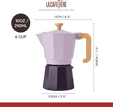 Tetera Espresso 6 Tazas Color Púrpura Bicolor, Fabricada en Aluminio, Compatible con Gas, Eléctrica, Vitrocerámica, Tetera Espresso Tradicional Italiana, Sólo Lavable a Mano, 290 ml2