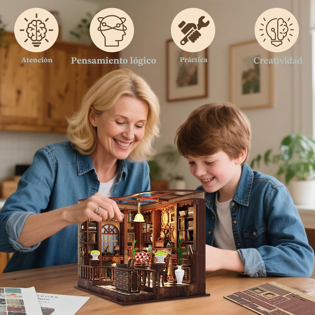 Aolso Book Nook Kit, 248 Piezas, DIY Casa Miniatura Kit, Kits de Modelo, Casa de Minicabina de 3D Madera con Luz LED, Regalos para Familiares y Amigos