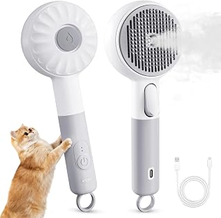 Steam-Like Spray Cat Brush - 3-in-1 USB Rechargeable Deshedding & Self-Cleaning Brush with Water Mist for Long & Short Hair Cats Dogs, Waterproof, 2 Speed Settings