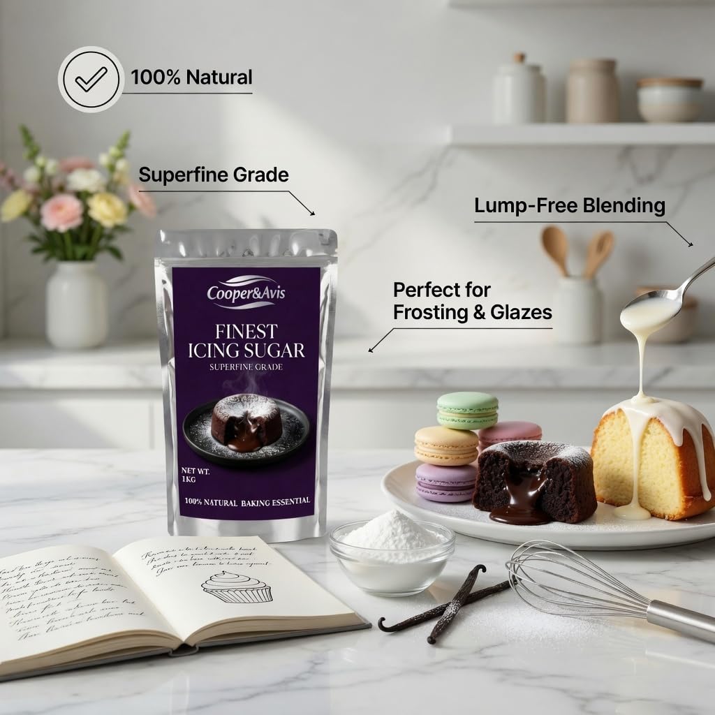 Cooper & Avis Finest Icing Sugar, 1kg, Superfine Grade, Pure Powdered Sugar for Baking, Frosting, Glazes & Confectionery 1