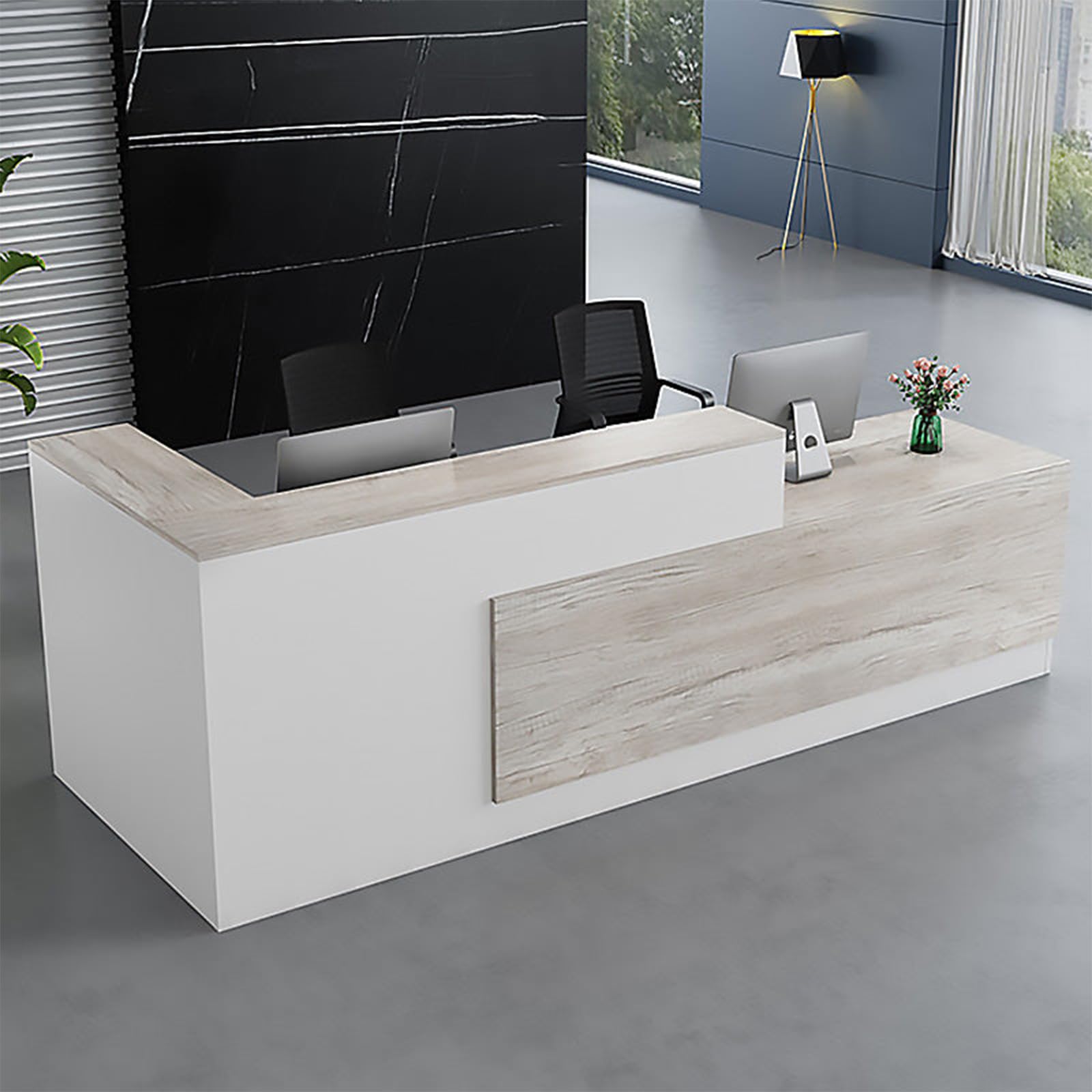 Modern L-Shaped Reception Desk with Hutch, Reception Counter Table, Lockable Drawer Door Cabinet, Office Wooden Computer Front Desk (Oak+Warm White-Left Cabinet, 102.36" L*23.62" W*41.34" H)