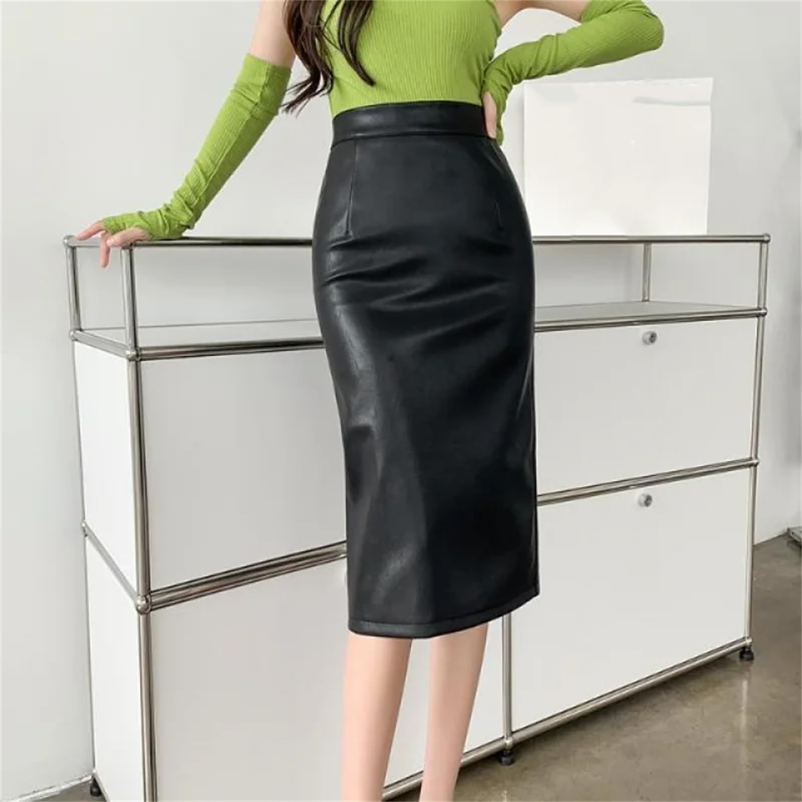 Nero Faux PU Donne Wrap Gonne Vita Alta Midi Gonna Signore Sottile Tubino Gonne