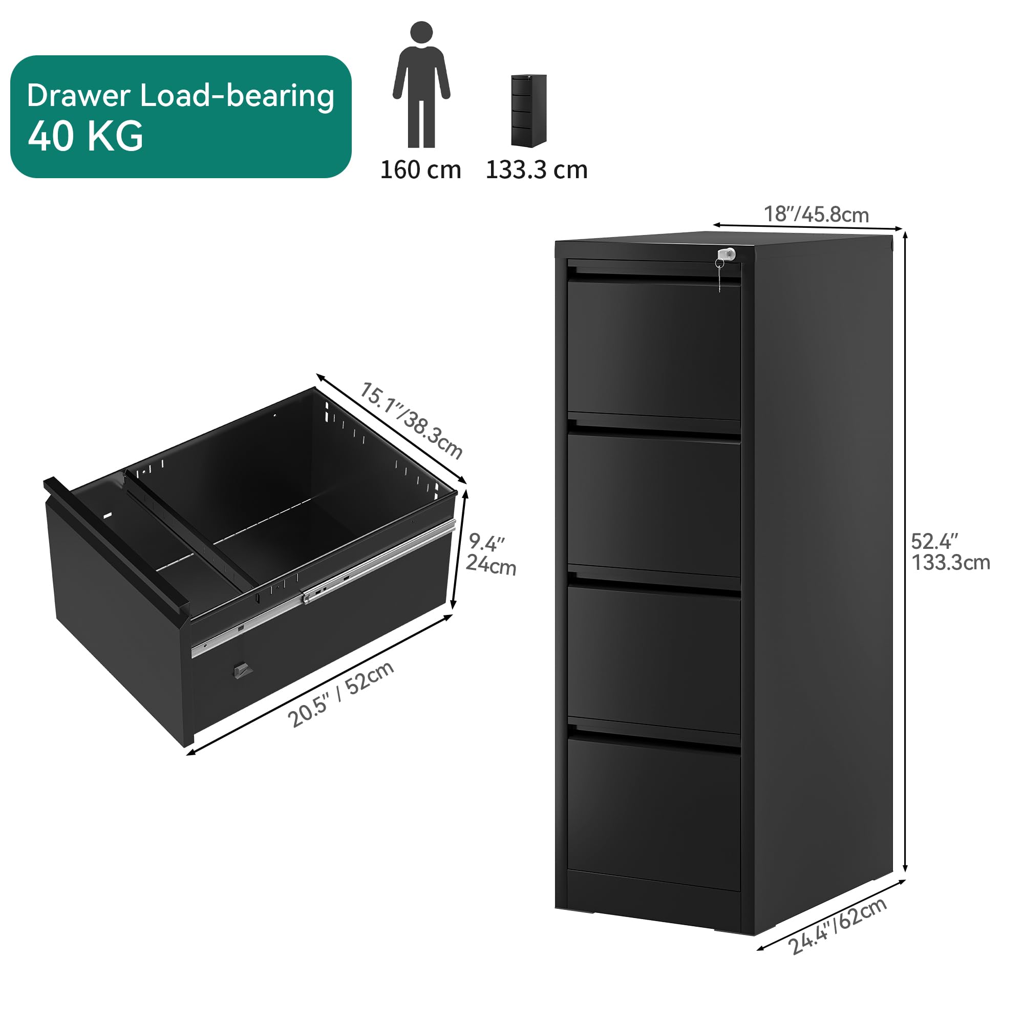 YITAHOME Aktenschrank mit 4 Abschließbaren Schubladen, Kippsicherer Rollender Aktenschrank mit Rädern für das Büro zu Hause, Unter-Pult-Aktenschränke, schwarz, 62 x 45.8 x 133cm