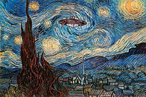 UFO Sighting On A Starry Night Vincent Van Gogh Humor Art Van Gogh Wall Art Nature Town Wall Decor Landscape Night Sky Poster Starry Night Decor Fine Art Cool Wall Decor Art Print Poster 24x36