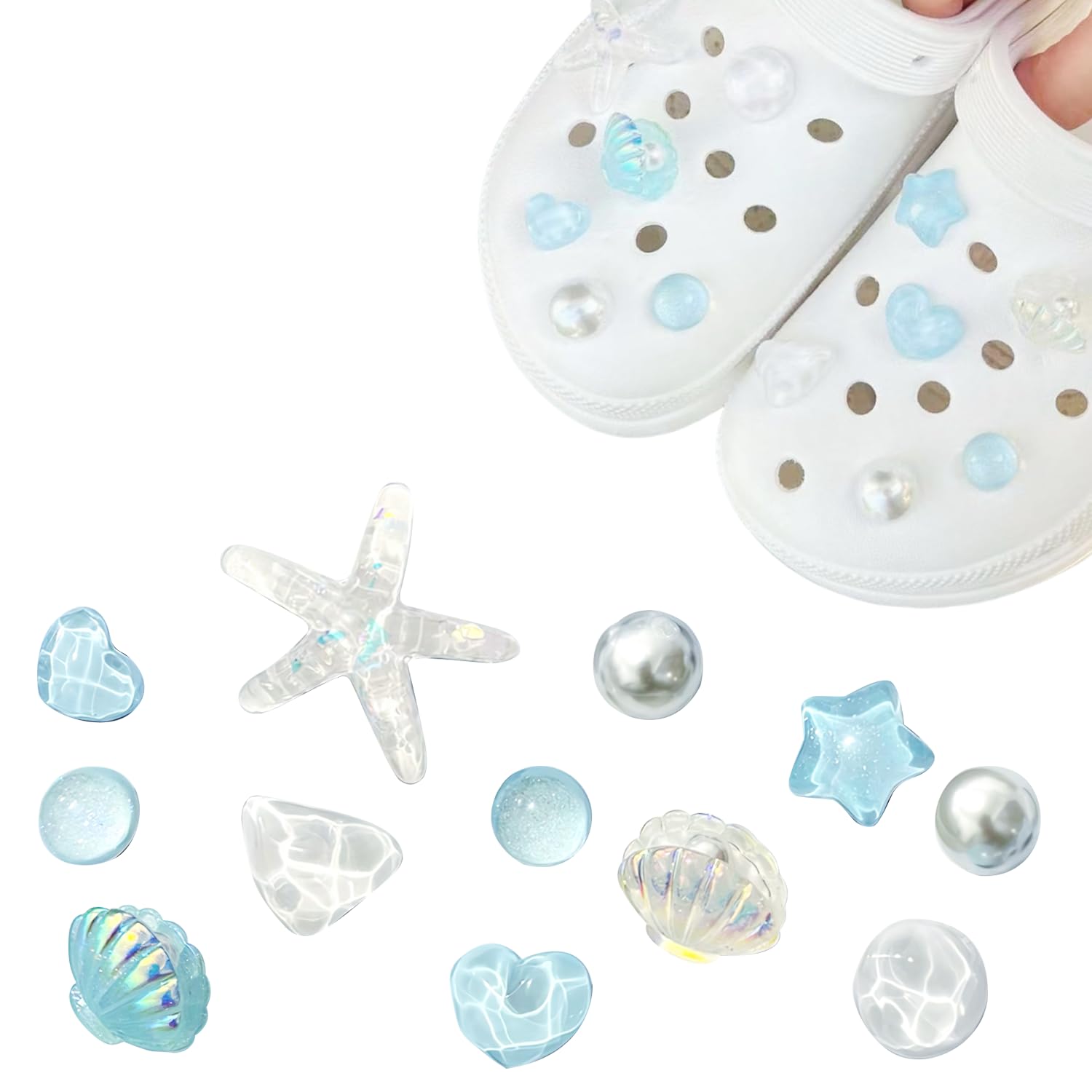 BendJoy® 12Pcs Ocean Ice-Through Shoe Charms - Ocean-Inspired Accents, Shoe Compatibility, Easy Snap-on for Croc 12-Piece Set | Transparent Design | Summer Theme | for Women & Kids | Snap-On