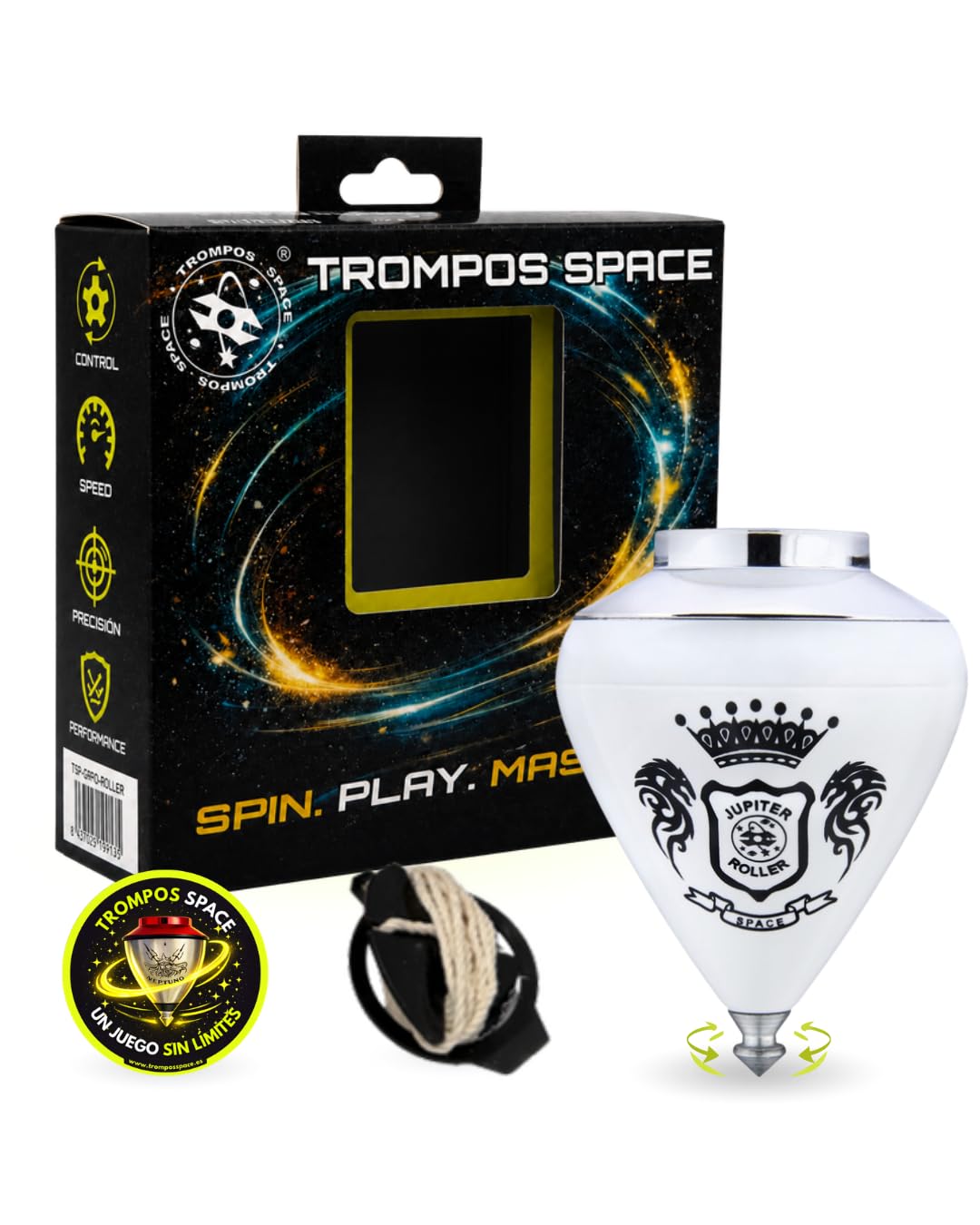 TROMPOS SPACE - Trompo Profesional Júpiter Roller de Gran Diámetro, Peonza con Punta Roller de Doble Rodamiento, Centro de Gravedad Modulable y Tapa Calibrable, Cuerda y Packaging Oficial, Color Plata
