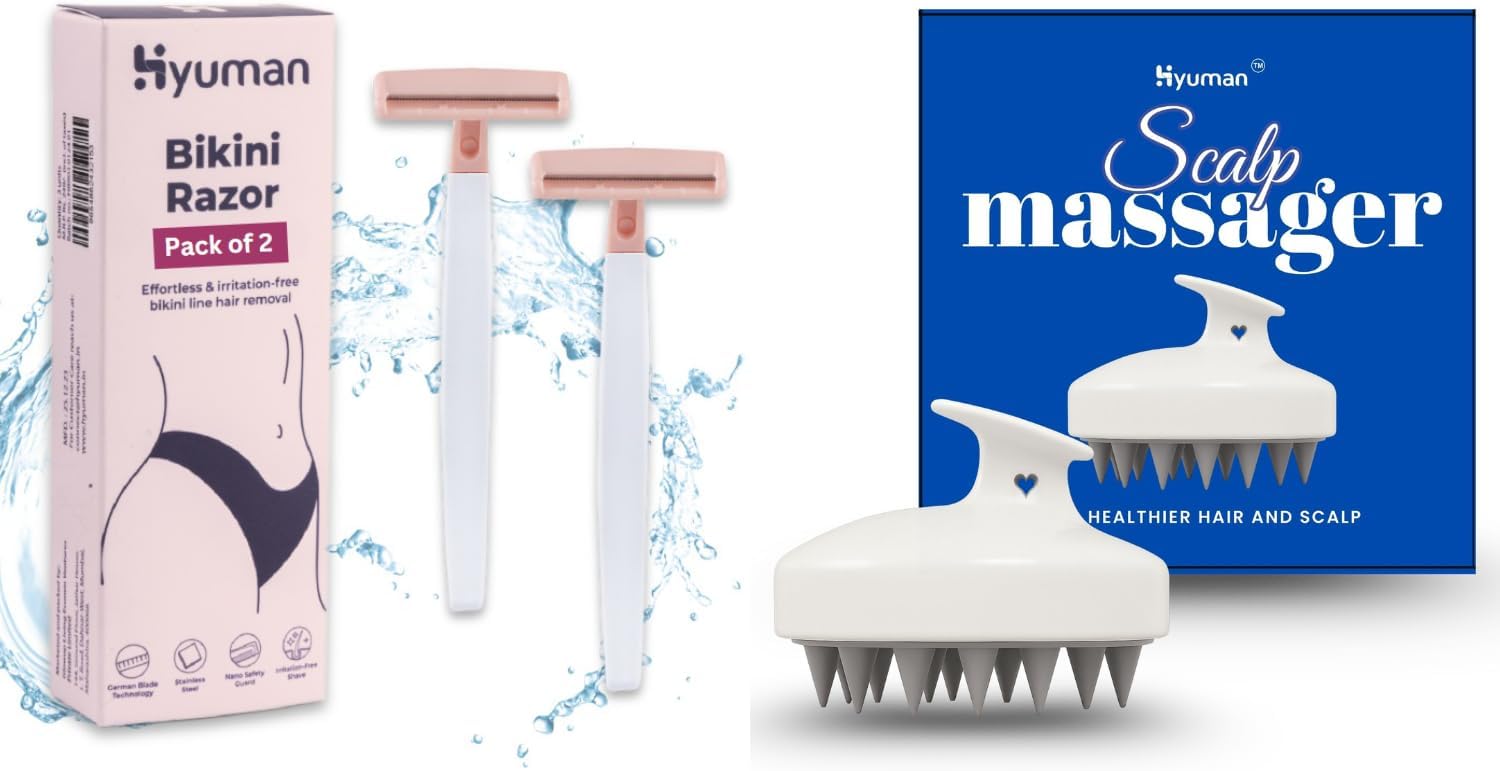 Hyuman Bikini Razor Pack of 2 + Scalp Massager Combo for Women | Hair Removal & Relaxing Scalp Care Kit (Set of 2)