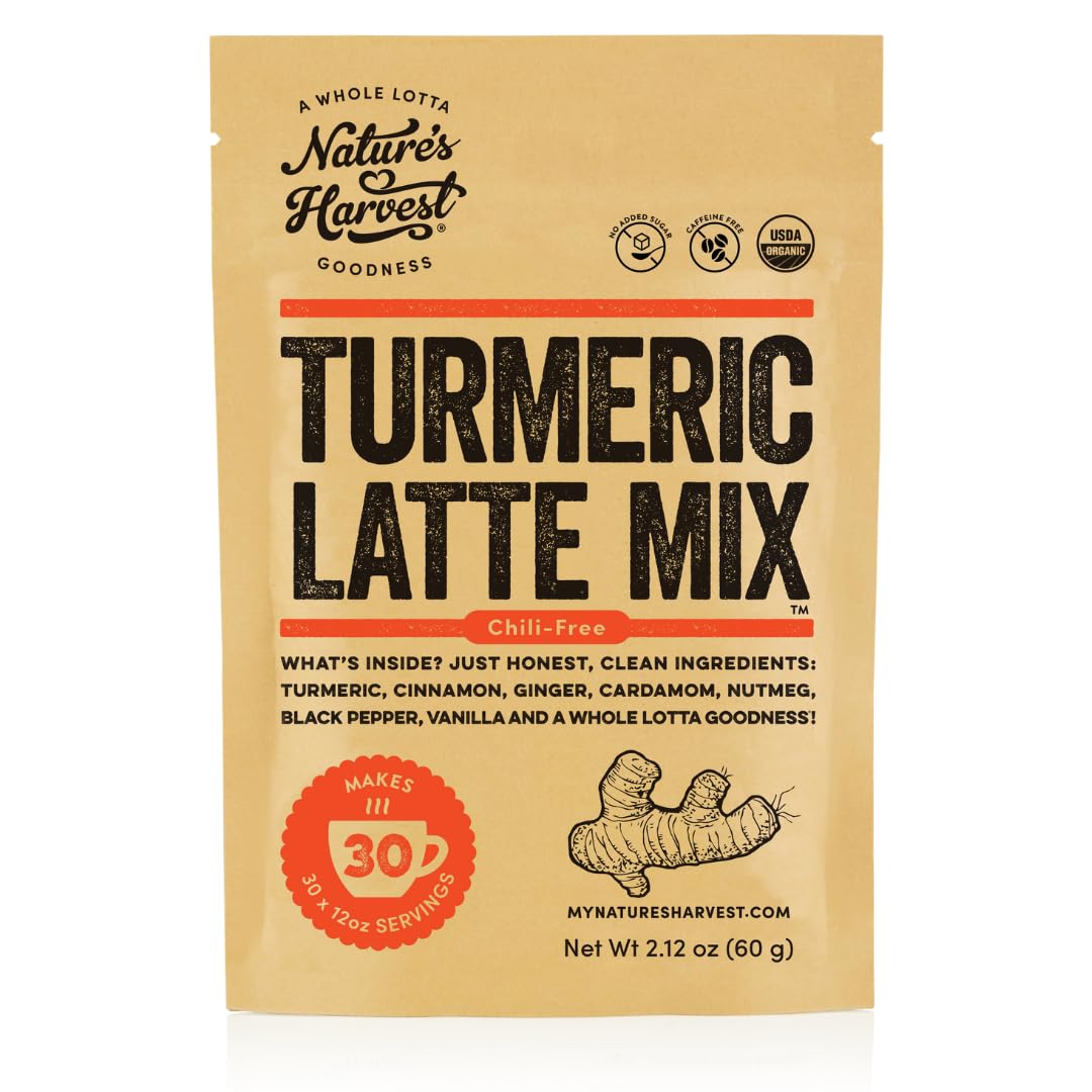 Nature's Harvest - Turmeric Latte Mix Chili-Free, Add on Golden Milk Tea, Smoothies and Other Drinks, Caffeine-Free Coffee Alternative, 2.12 oz Pack,