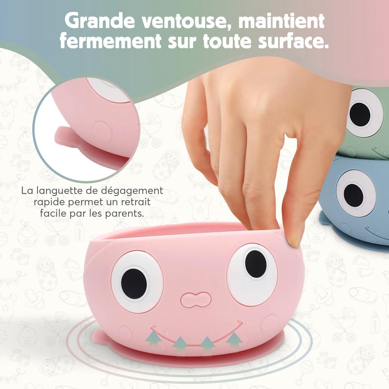 Ensemble de 3 Bols Ventouse Pour Bébé en Silicone Alimentaire, Rose, Vert Et Bleu Avec Smiley, Pour Une diversification alimentaire bébé Sans BPA, Micro-Ondable Et Lave-Vaisselle