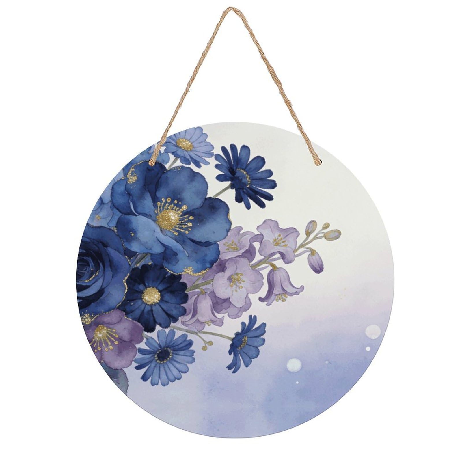 LZQPOEAS Navy Bloom Mix Round Wood Wall Art Painting, 7.9 Inch Circular Wooden Door Hanger Decorative Paintings, Rope-Hanging Wooden Wall Plaque for Home Decor And Office Party