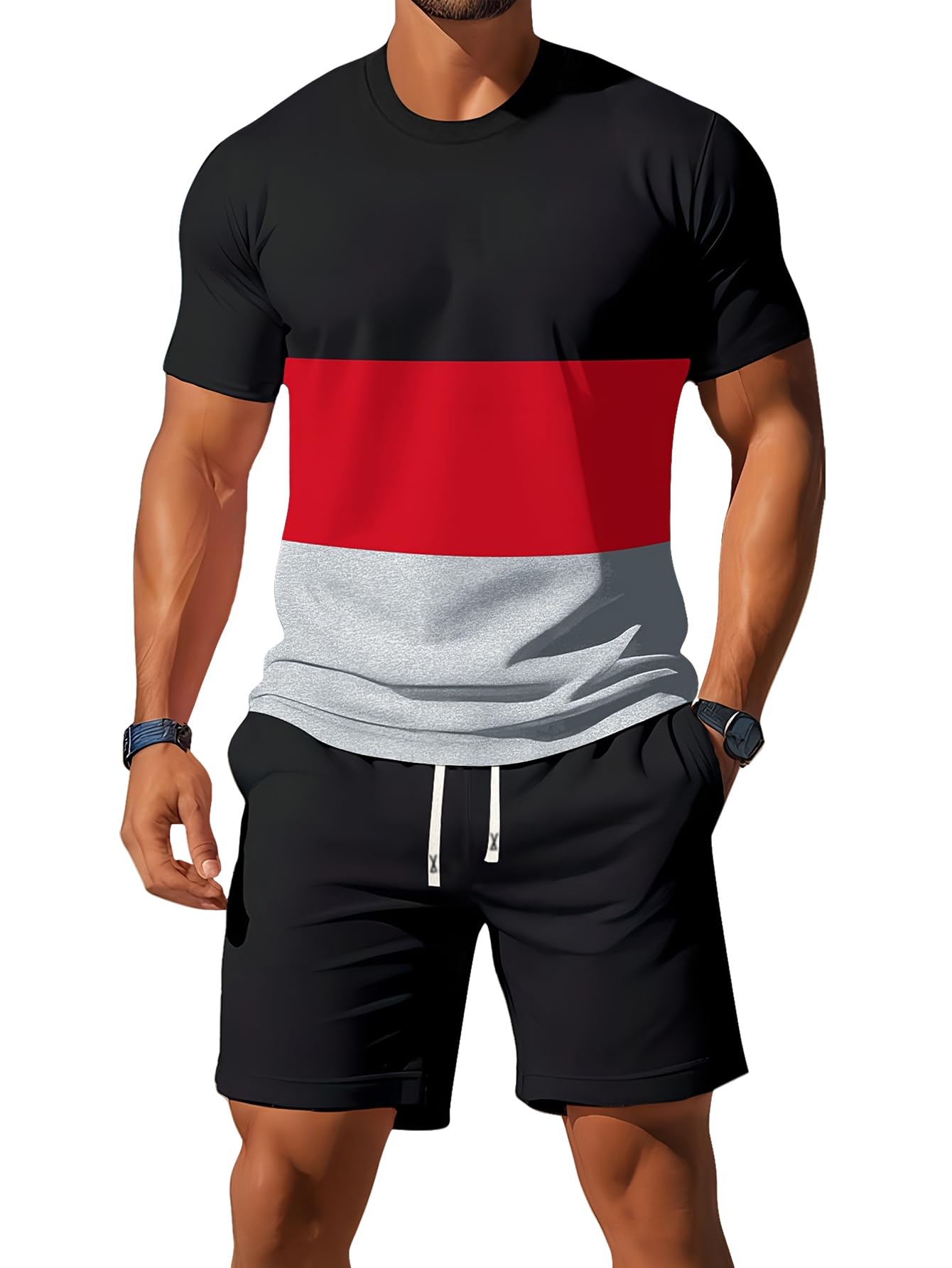 Conjunto de 2 piezas de camiseta ligera de manga corta con bloques de tres colores para hombre, a la moda, casual, vacaciones, deportes, fitness